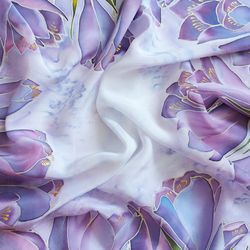 Square silk scarf hand-painted, crocus silk scarf, saffron flowers scarf hand painted, lilac silk scarf.