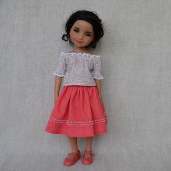 Coral set of clothes for Ruby Red doll. Mary Jane shoes. Skirt with hemstitch.