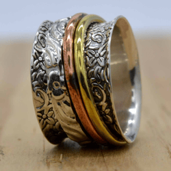 Chunky Fidget Spinner Anxiety Ring For Women, Brass Cooper & 925 Sterling Silver Handmade Unique Jewelry, Gift For Her