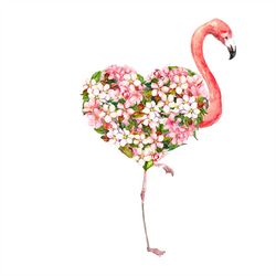 Pink flamingo bird with floral heart Svg, Spring cherry blossom Svg, White and Pink flowers Svg, Watercolor for Valentin