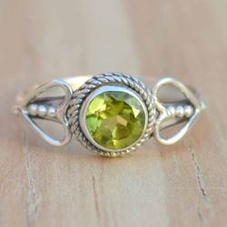 Natural Peridot Ring, Round Gemstone Ring, Sterling Silver Ring Women, Stone Ring, Green Peridot Jewelry, Handmade Gift