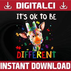 it's ok to be different, rainbow puzzle giraffe, autism kids, autism awareness month gift digital png