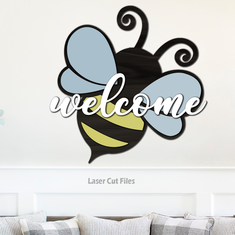 Welcome Bee Door Hanger SVG Laser Cut Files Bee SVG Welcome Sign SVG Glowforge Files 1.png
