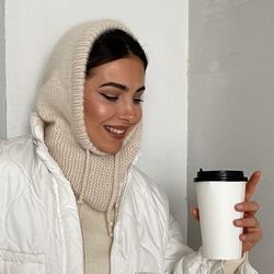 Knit cowl slouchy mink. Wool knit balaclava woman winter accessory. Warm angora balaclava