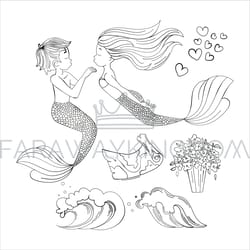 mermaid lover girl cartoon monochrome vector illustration set