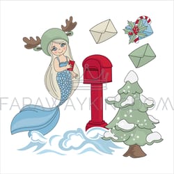 mermaid mail merry christmas new year vector illustration set