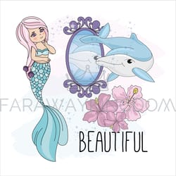mermaid mirror cruise travel cartoon vector illustration set