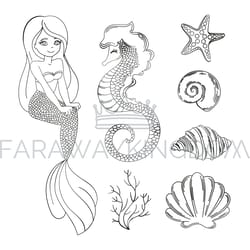 mermaid monochrome cartoon tropical vector illustration set