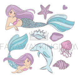 mermaid ocean cartoon travel tropical vector illustration set
