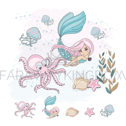 mermaid octopus girl cruise tropical vector illustration set