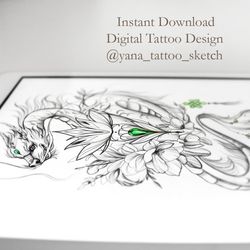 Dragon Tattoo Sketch for Woman Dragon Tattoo Design Female Dragon And Flower Tattoo Design, Instant download