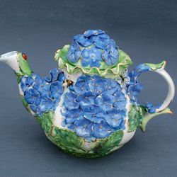 Flower teapot Blue hydrangea Embossed decor Botanical ceramics Plant prints teapot Beautiful green blue teapot Handmade