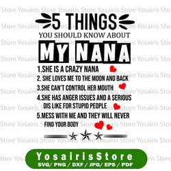 5 things you should know about my nana svg, she is a crazy nana and i'm not afraid to use her png, t-svg