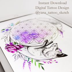 Fox Tattoo Sketch for Females Fox Tattoo Design for Woman Fox Flower Of Life Tattoo Design, Instant download PDF and JPG