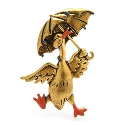 Duck with Umbrella brooch, Bird pin, Cool enamel jewelry