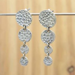 Silver Long Earrings Women, Sterling Silver Hammered Earrings, Disc Dangle And Drop Silver Earrings, Handmade Jewelry,