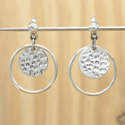 Hammered Silver Earrings, Circle Dangle Hoop Earrings, Handmade Sterling Silver Women Earrings, Handmade Gift For Her