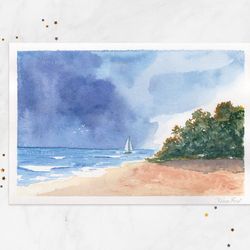 Sailboat painting Sea painting Seascape painting original watercolor 4x6 Painted postcard