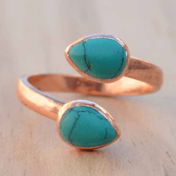 Raw Turquoise Electroformed Bypass Ring For Women, Organic Rough Gemstone & Brass Cooper Electroplated Handmade Jewelry