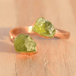 Natural Peridot Ring, Raw Stone Electroformed Ring, Peridot Green Crystal Ring, Raw Gemstone Women Ring, Two Stone Ring
