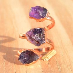 Boho Amethyst Ring, Raw Crystal Ring, Electroformed Jewelry, Gemstone Women Ring, Raw Stone Ring, Open Three Stone Ring,