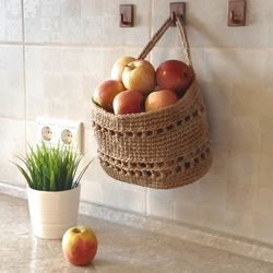 Hanging wall basket Vegetable basket Hanging fruit basket Rustic jute basket