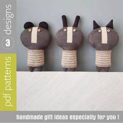 Animal dolls patterns PDF Rabbit, Cat and Bear in sweaters, set of 3 digital tutorials, stuffed animals sewing diy