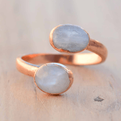 Raw Moonstone Crystal Electroformed Ring For Women, Rough Organic Gemstone Cooper & Brass Electroplated Handmade Jewelry