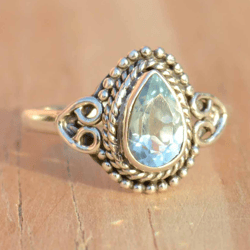 Tear Drop Blue Topaz Gemstone Women Ring, Organic Crystal & 925 Sterling Silver Oxidized Handmade Artisan Unique Jewelry