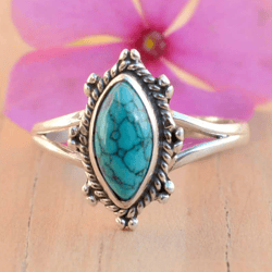 New Marquise Turquoise Silver Women Ring, Organic Crystal & 925 Sterling Silver Handmade Aesthetic Jewelry, Gift For Her