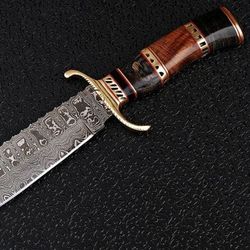 Damascus Steel Blade Hunting Bowie Knife, Wood Handle