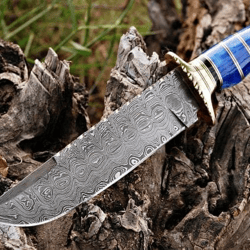 Damascus Steel Blade Hunting Bowie Knife, Dyed Bone Handle