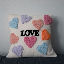 Pillowcase beige with hearts LOVE handmade embroidery 30x30 cm punch needle present for lovers free shipping
