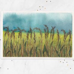 Wheat field painting Harvest painting original watercolor painting Painted postcard 4x6