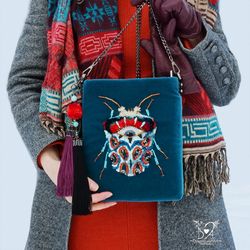 Evil Eye Beetle Crossbody Velvet Boho Bag