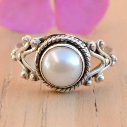 Dainty Pearl Ring Women, Stone Silver Ring, Pearl White Gemstone Ring, Pearl Sterling Silver Jewelry Handmade Gift Women
