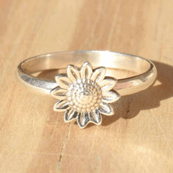 Sunflower Ring Sterling Silver, Minimalist Women Ring Band, Silver Sunflower Thumb Ring, Nature Ring Women, Flower Ring