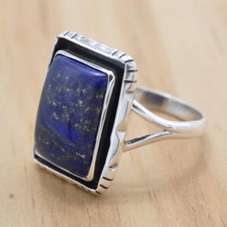 Square Lapis Lazuli Gemstone Silver Ring For Women, Natural Crystal & 925 Sterling Silver Handmade Jewelry, Gift For Her