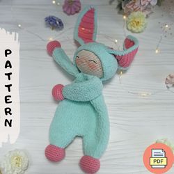Softy Bunny Baby Lovey Crochet Pattern PDF, Crochet Sleeping Doll For Baby, Stuffed Bunny with Long Ears