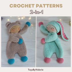 2-IN-1 Plush Bear and Bunny Baby Lovey Amigurumi Crochet Patterns PDF, Crochet Stuffed Animal Amigurumi Tutorial ENG