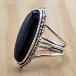Real Black Onyx Women Sterling Silver Ring, Oval Onyx Ring, Dainty Gemstone Large Ring, Boho Chunky Statement Ring