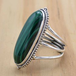 Green Malachite Chunky Silver Women Ring, 925 Sterling Silver Natural Gemstone Handmade Artisan Jewelry, Gift For Her