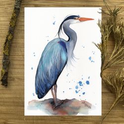 Grey Heron painting, watercolor paintings, handmade home art birds watercolor heron painting by Anne Gorywine