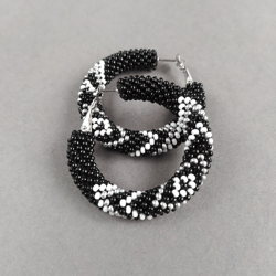 Black Beaded Hoop earrings, Native American style beaded hoop earrings, Seed bead hoops, Beadwork earrings
