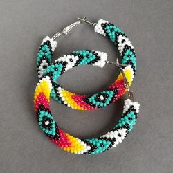 Turquoise Native Style Earrings, Beaded Ring Earrings, Ethnic Style Hoop Earrings, Seed Bead earrings