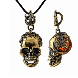 Gold Skull Men Necklace Pendant cord Punk Hip Hop for Boyfriend Male Stainless Steel Brass Baltic Amber Jewelry Men