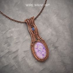 Long jasper and sodalite necklace, Copper wire wrapped pendant, Unique antique style Wire Wrap Art design One of a kind