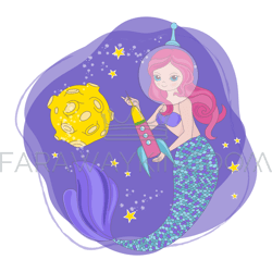 mermaid rocket space cartoon princess vector illustration set