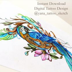 Parrot Tattoo Design Colour Parrot Tattoo Sketch Parrot and Flowers Tattoo Design, Instant download PNG and JPG files