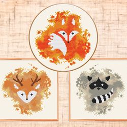 Set of 3 Woodland animals cross stitch pattern, Baby cross stitch PDF Nursery cross stitch Deer, Fox, Raccoon